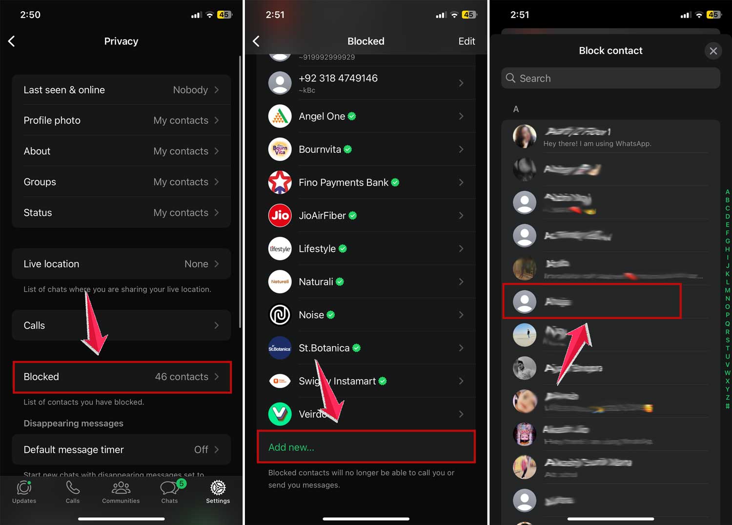 add a contact in block list in whatsapp in iphone