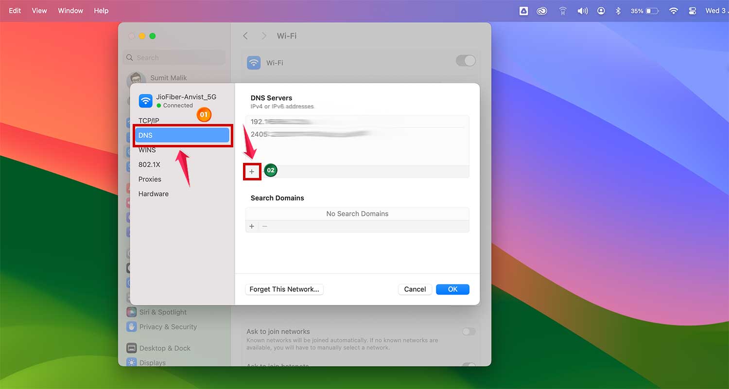 add dns in wifi section mac