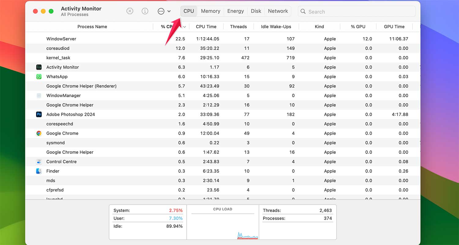 check cpu tab in activity monitor in mac xl