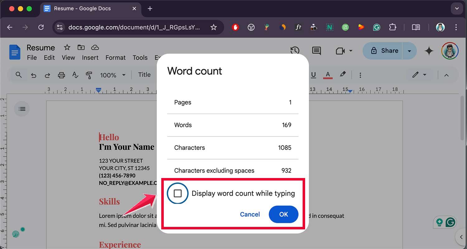 check the display word count while typing