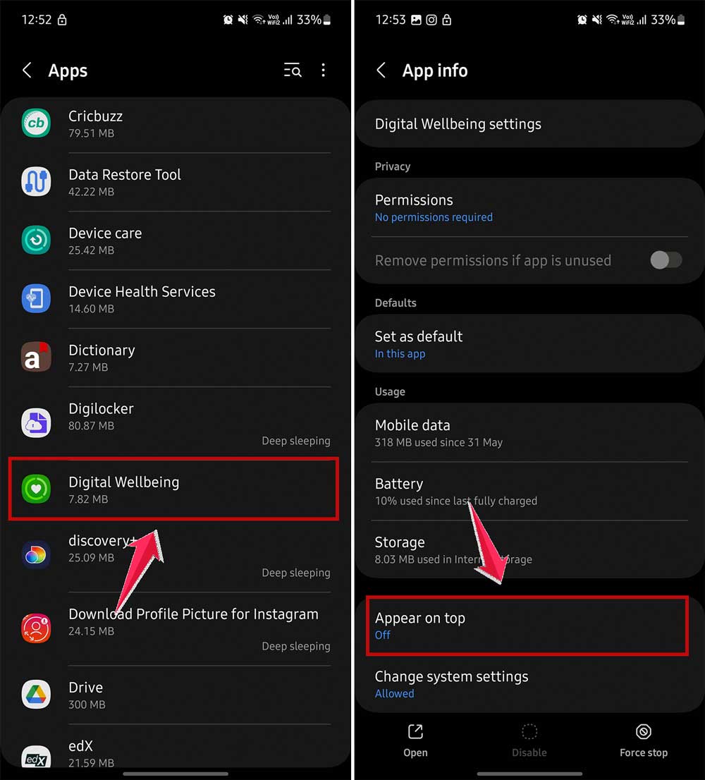 choose any app in settings and turn on appear on top permission in android