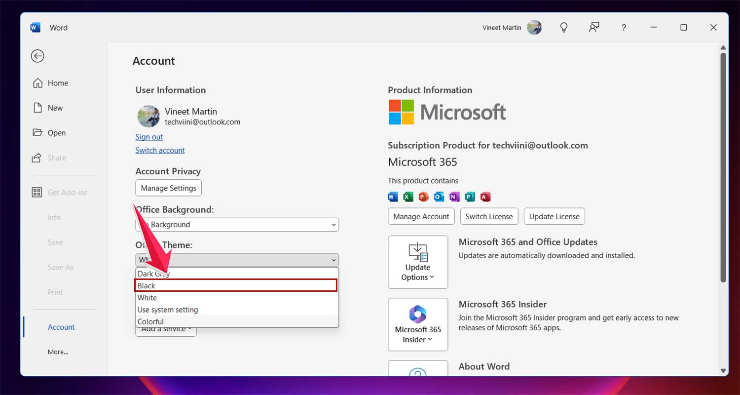 choose black for dark mode in ms word