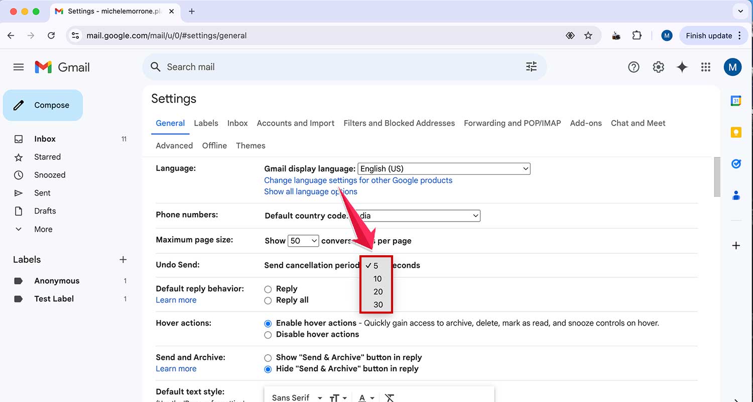 choose from the options of undo send in gmail settings web