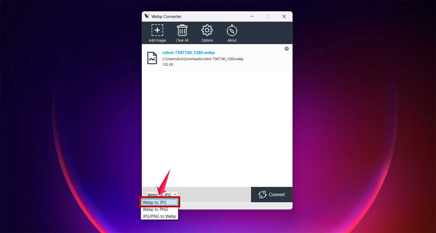 choose image format from the dropdown menu in webp converter app choose image format from the dropdown menu in webp converter app