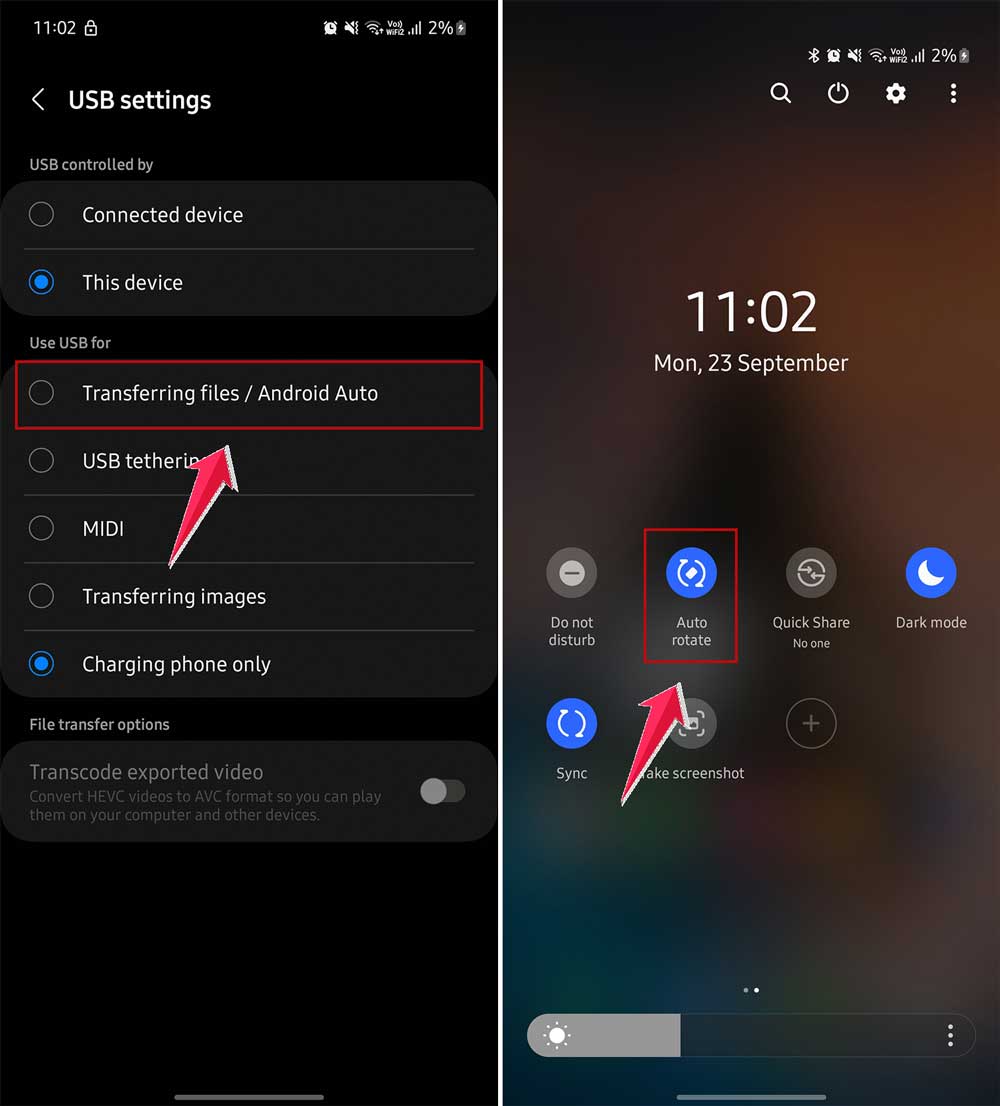 choose transferring files in usb settings and turn off auto rotate in android choose transferring files in usb settings and turn off auto rotate in android