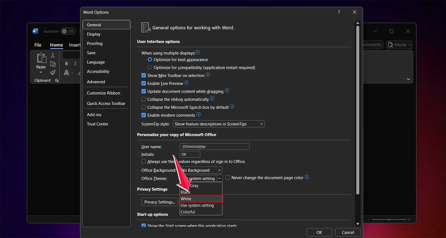 choose white from office theme menu in ms word