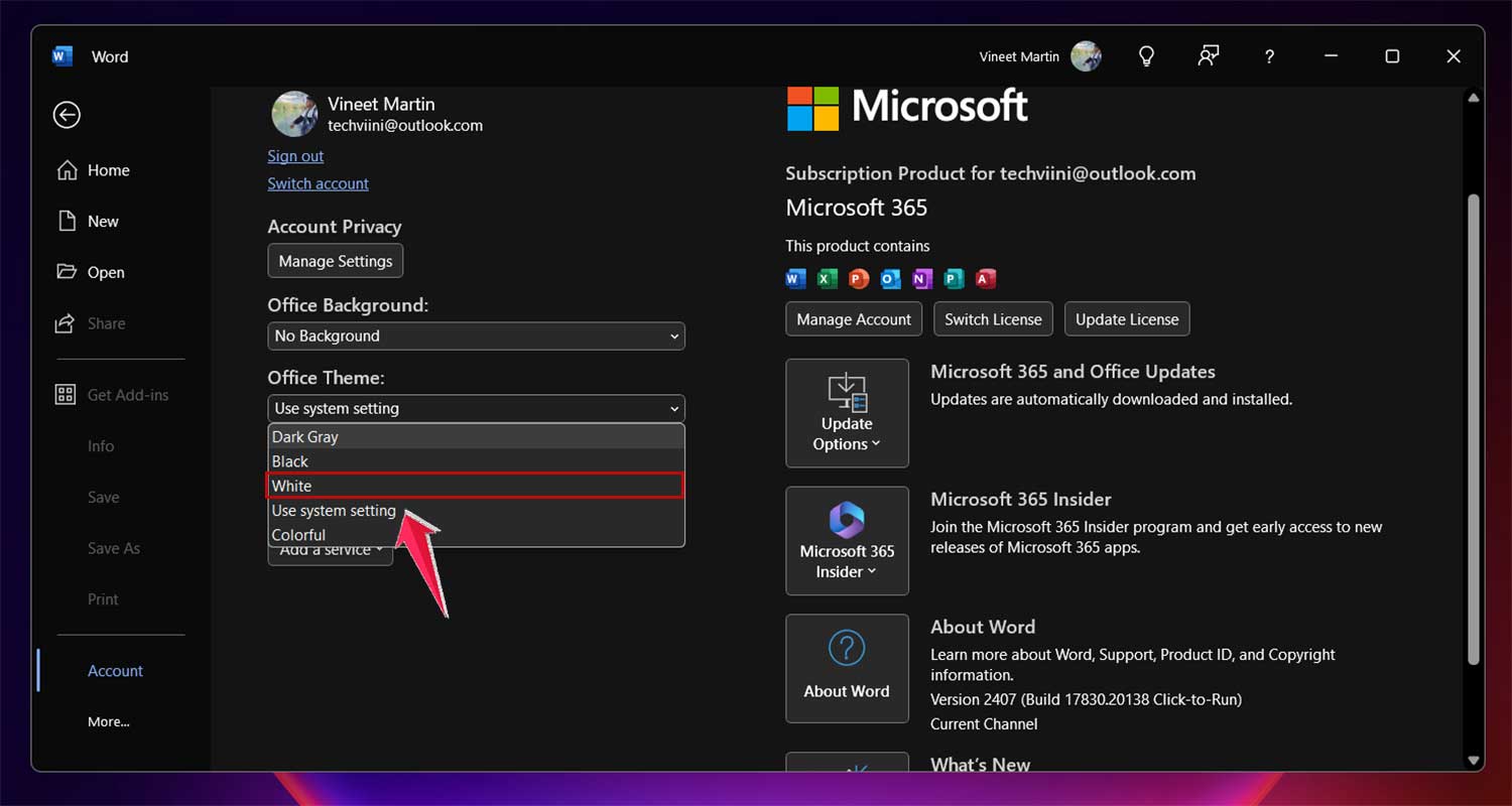 choose whitw for light mode in ms word in windows