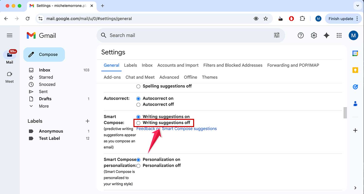 choose writing suggestions off in settings in gmail web choose writing suggestions off in settings in gmail web