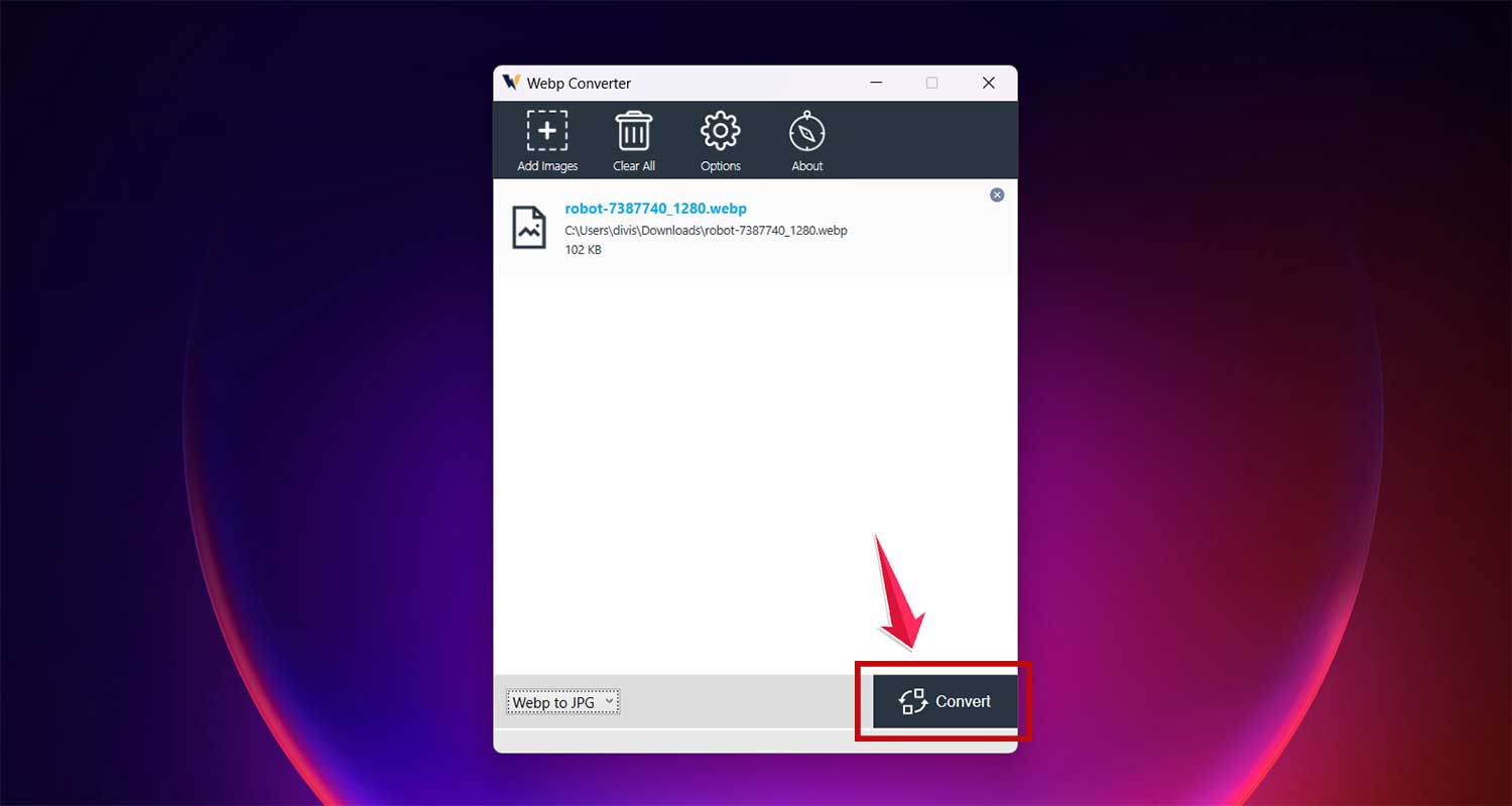 click convert in webp converter app in windows click convert in webp converter app in windows