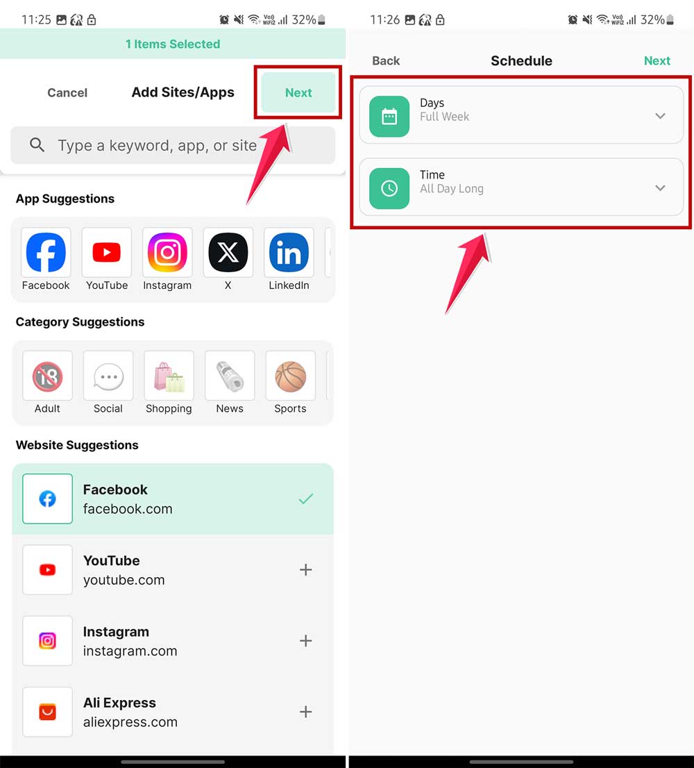 click next and choose days and time for the blockage in blocksite app