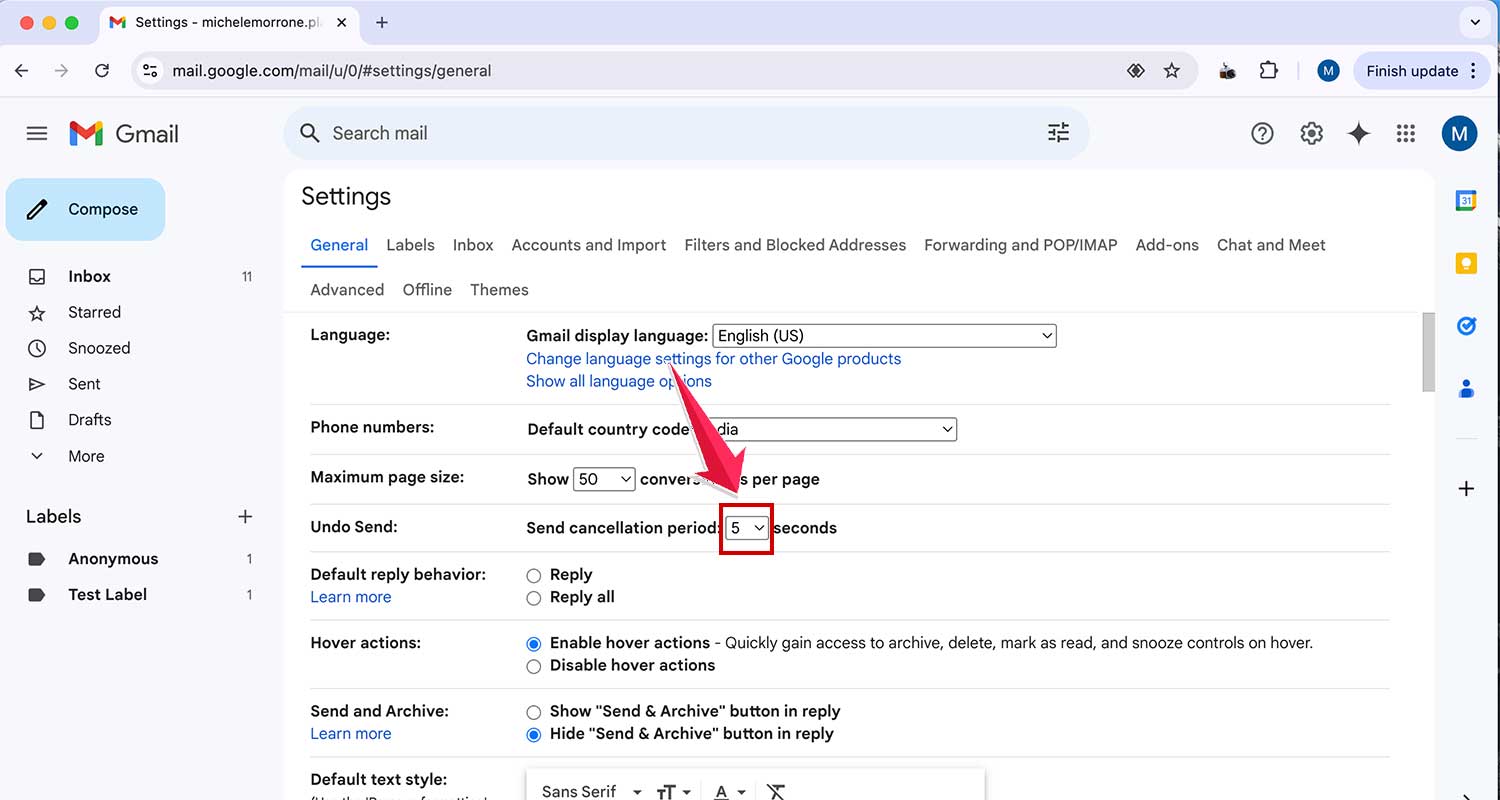 click next to the undo send option in gmail settings web
