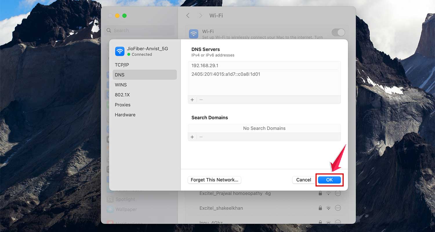 click ok in dns in wifi settings in mac