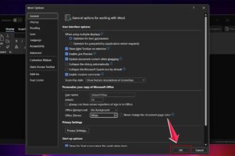 click ok in options window in ms word