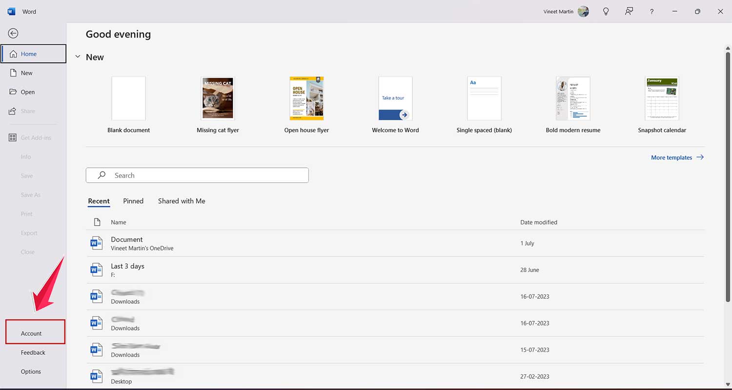 click on account in ms word in light mode