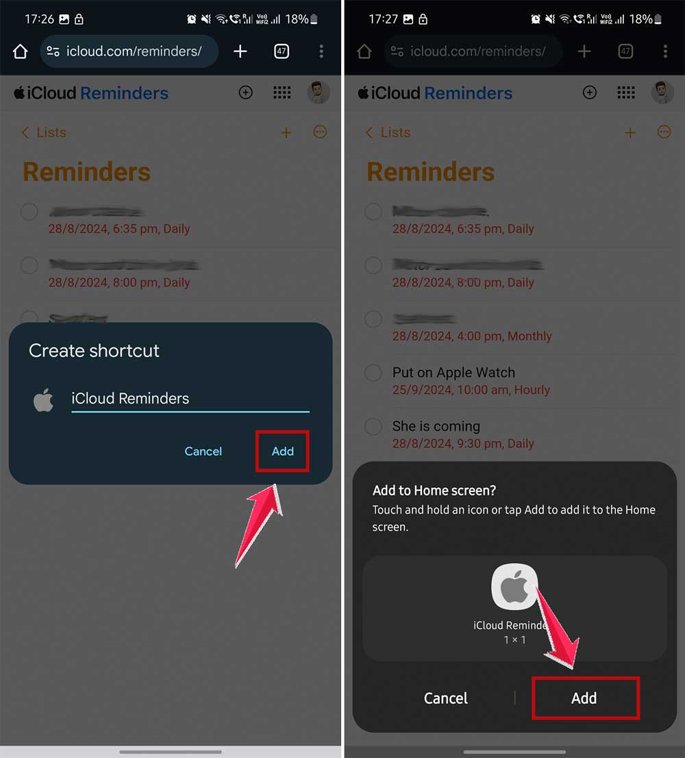 click on add and then again add to confirm in chrome in android