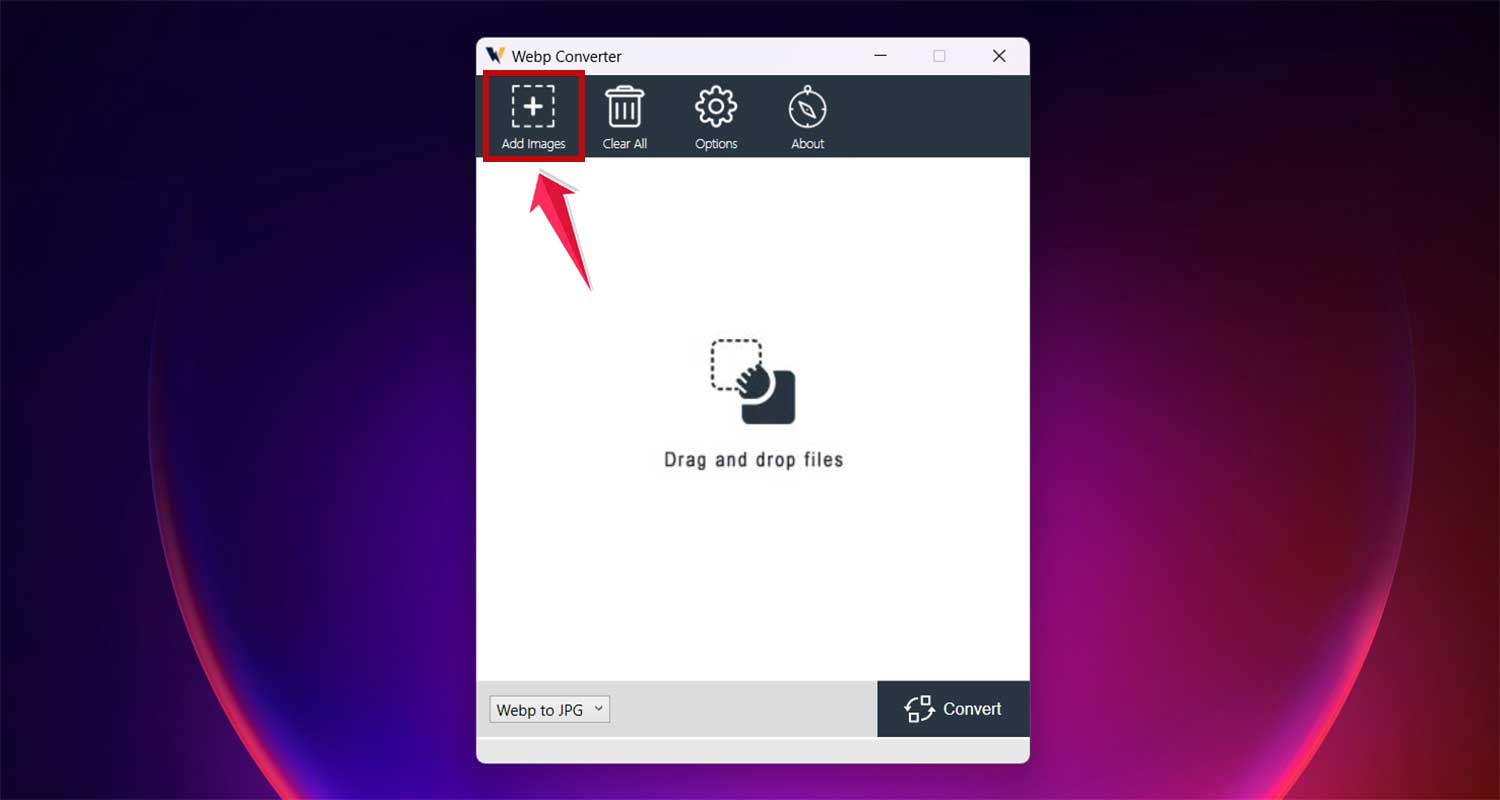 click on add images in webp converter app in windows click on add images in webp converter app in windows