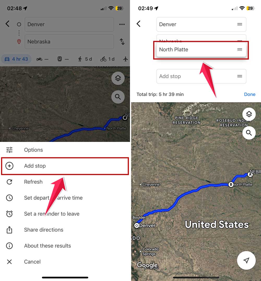 click on add stop and then drag it o move up and down in google maps in iphone