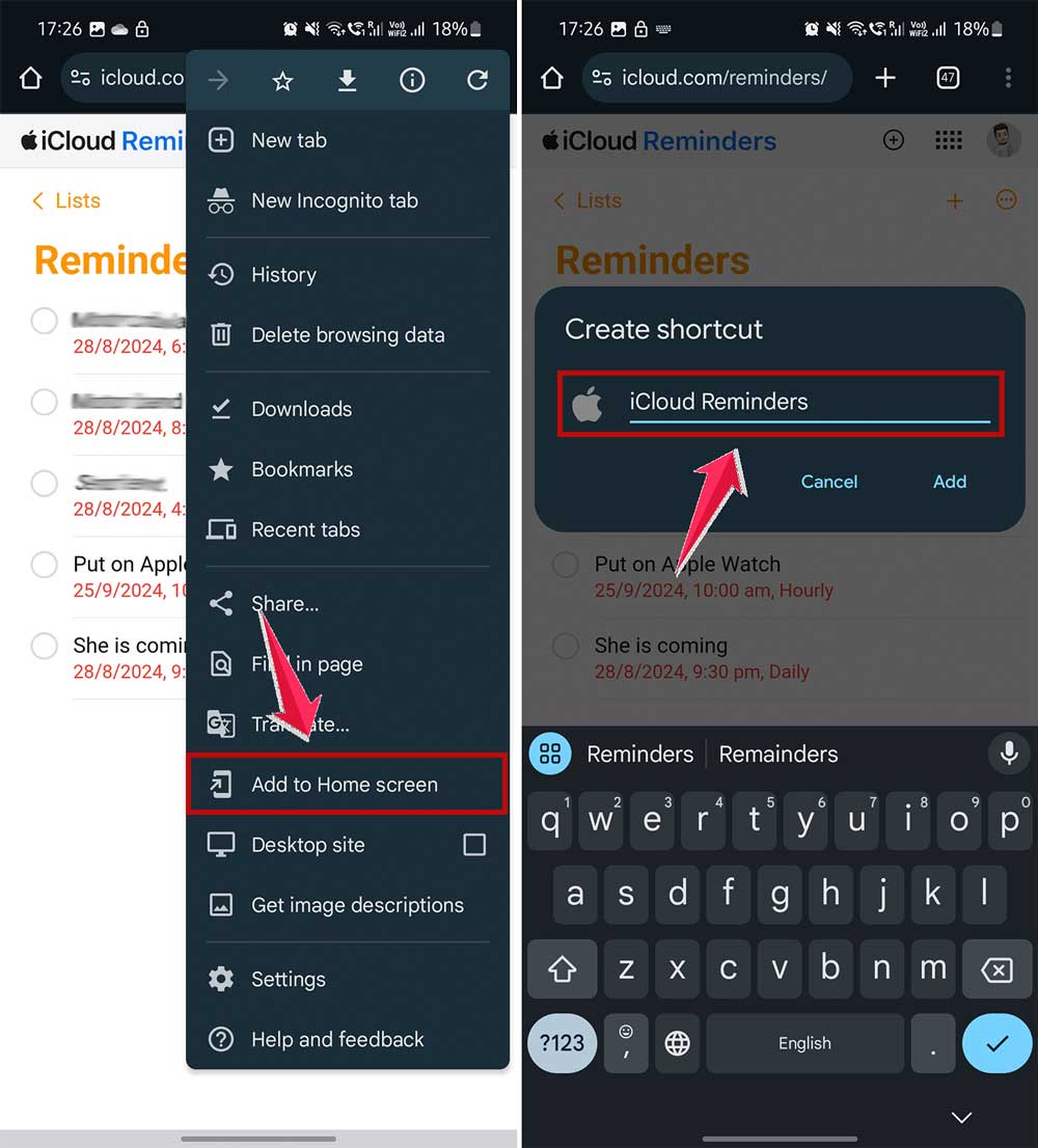 click on add to homescreen and then type shortcut name in chrome in android