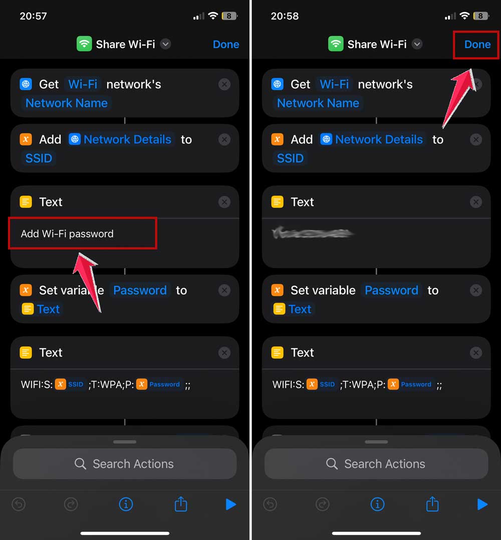 click on add wifi password and then type your wifi password in shortcuts app in iphone