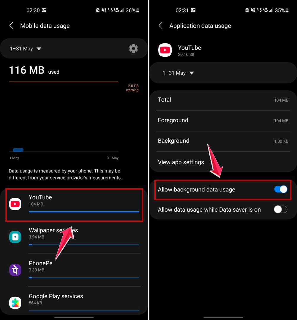 click on an app in mobile data usage and disable background data in settings in android