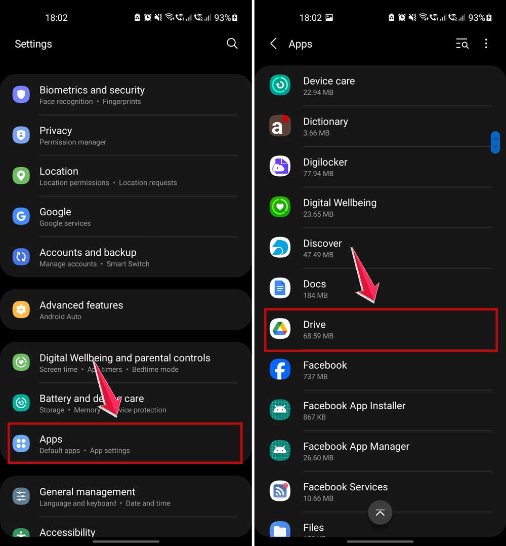 click on apps and then click on drive in settings in android
