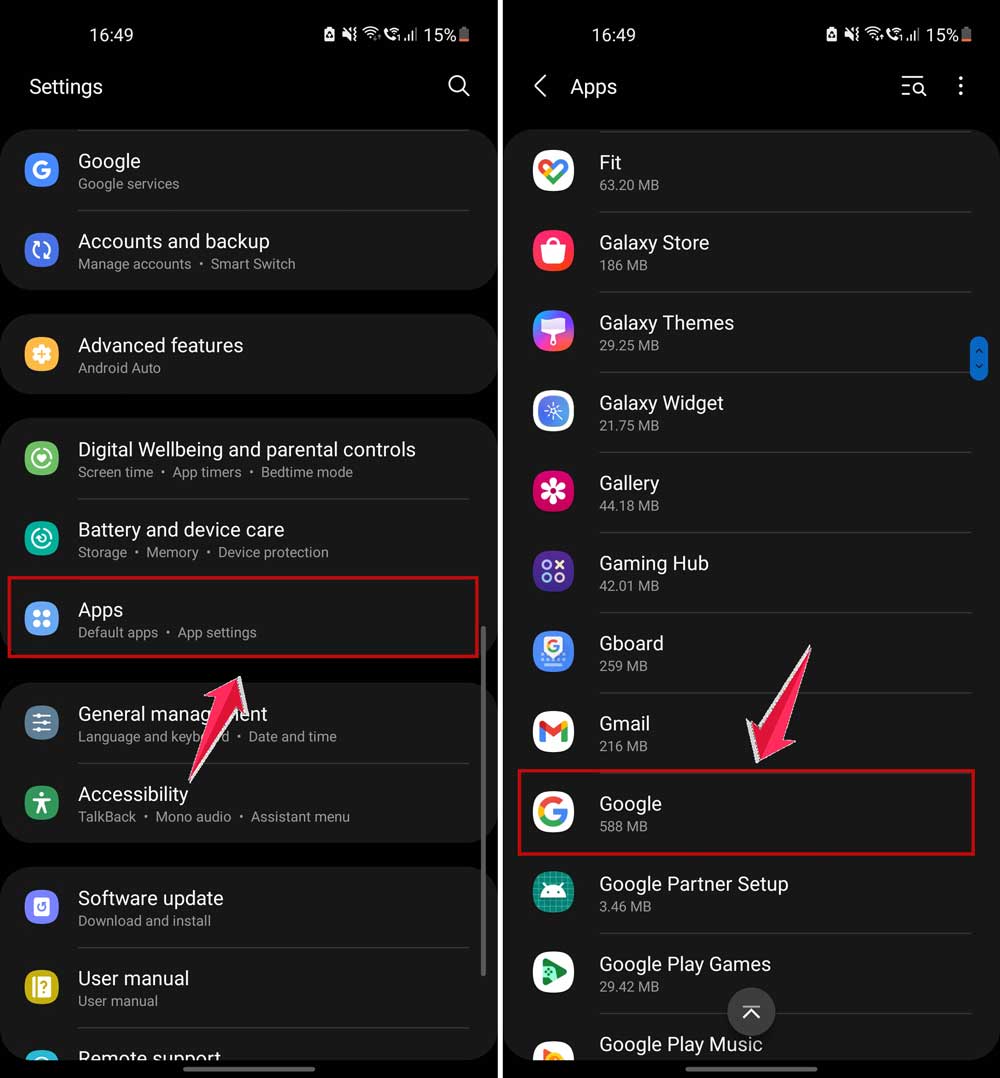 click on apps and then click on google in settings in android