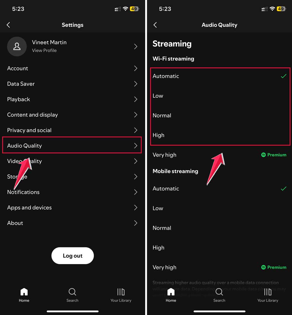 click on audio quality then choose wifi streaming set automatic and low and high and normal