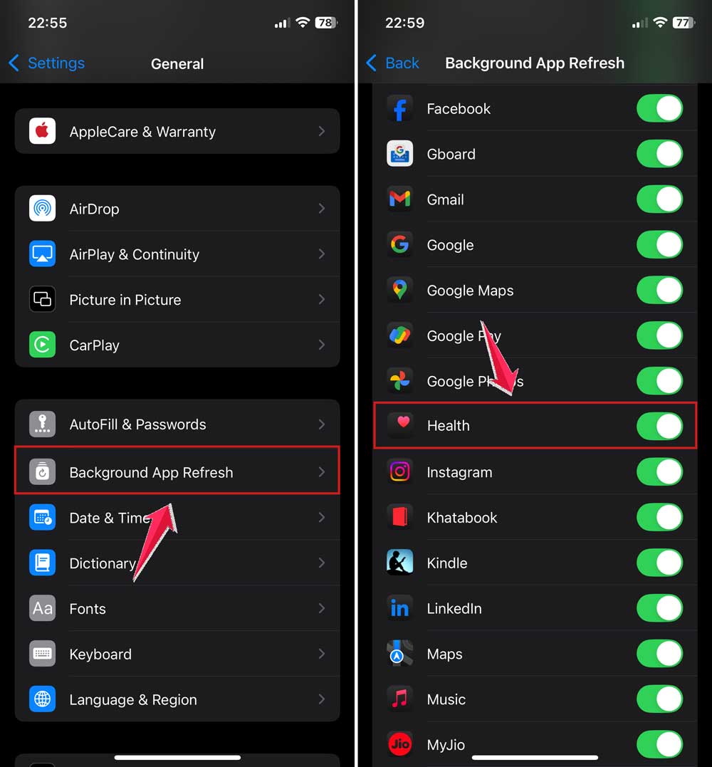 click on background app refresh and turn on health in settings in iphone