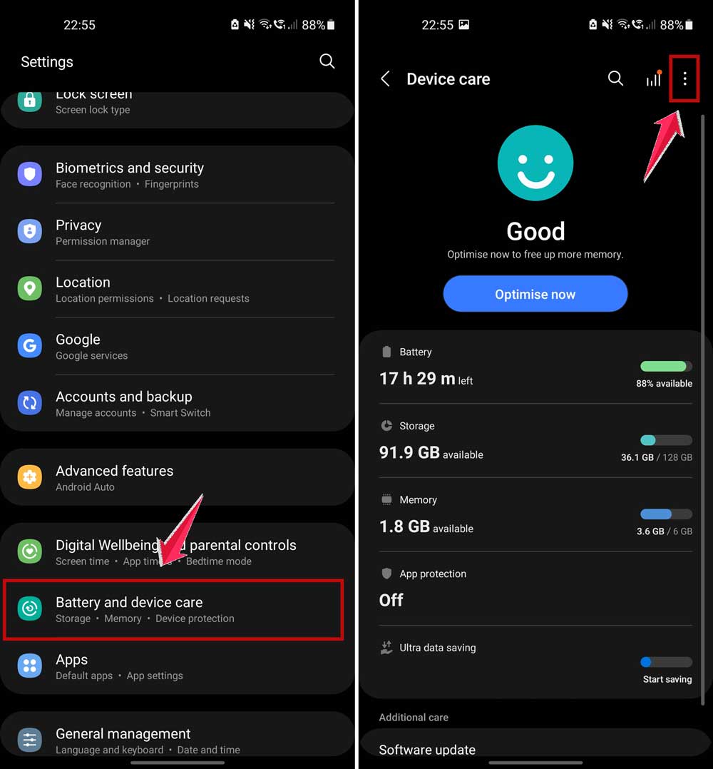 click on battery and device care and then click on three dots in settings in android