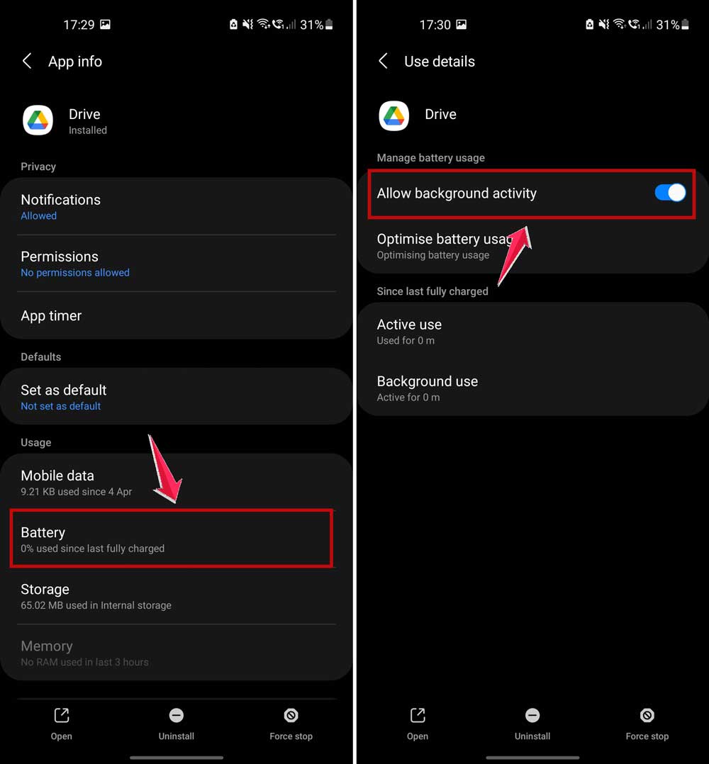 click on battery and then allow background activity for drive app in android