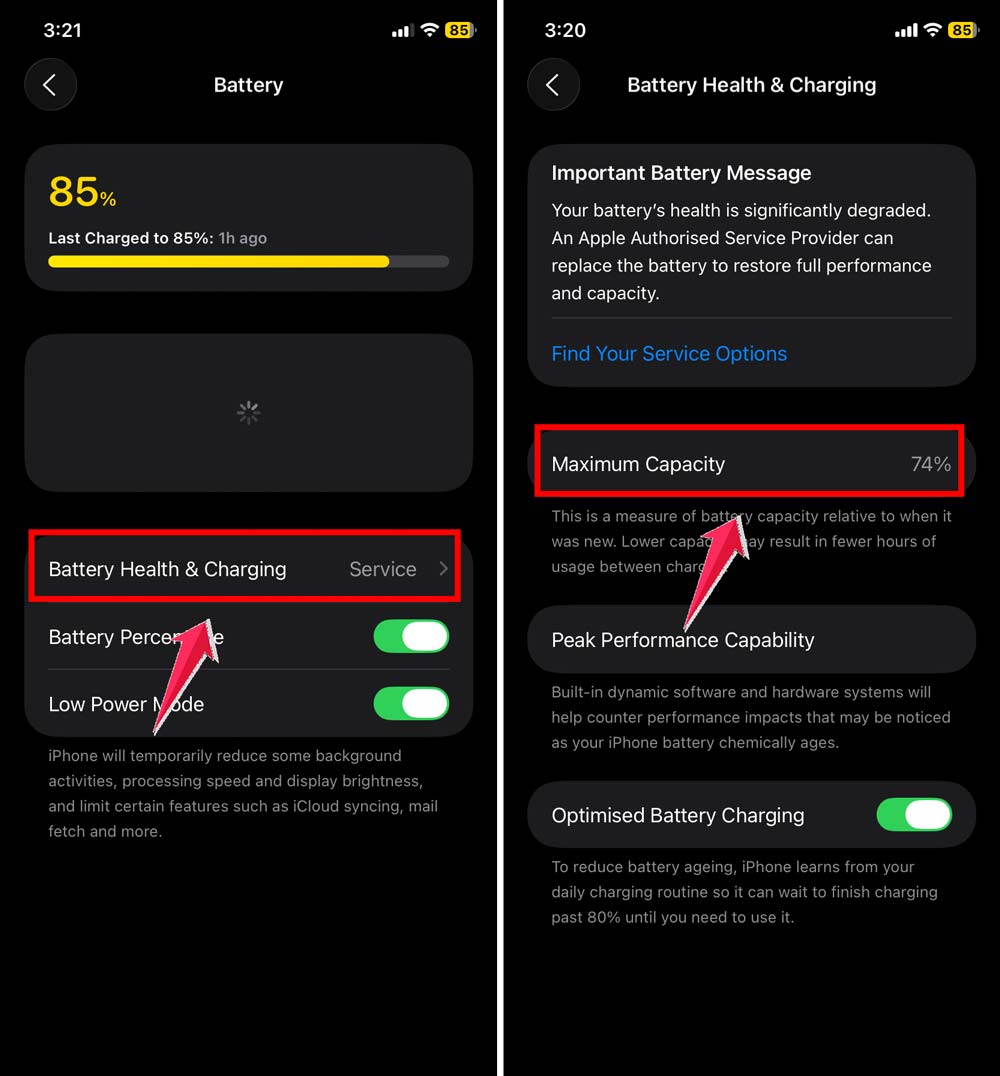 click on battery health & charging then check maximum capacity