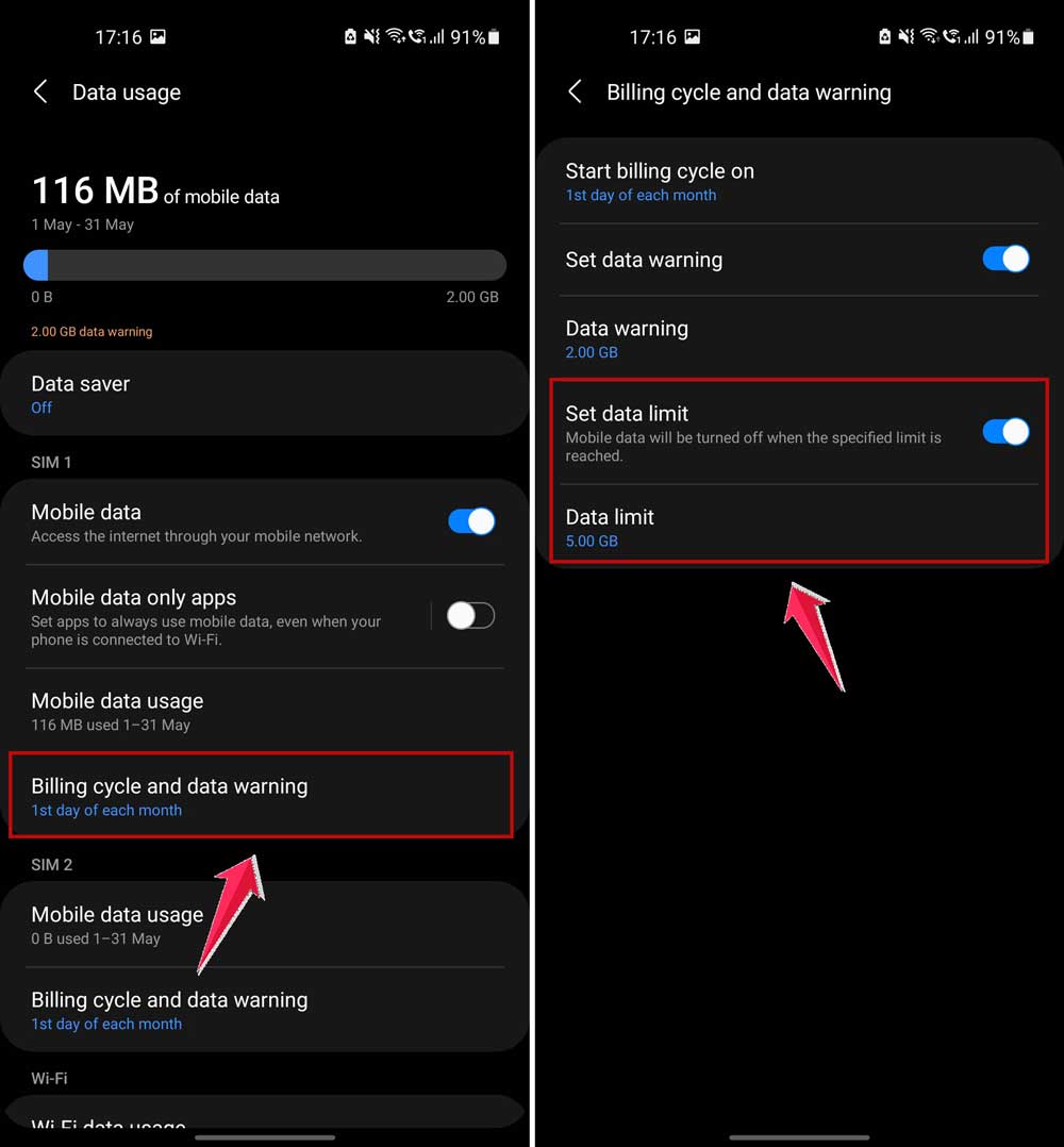 click on billing cycle and then turn on data limit in settings in android
