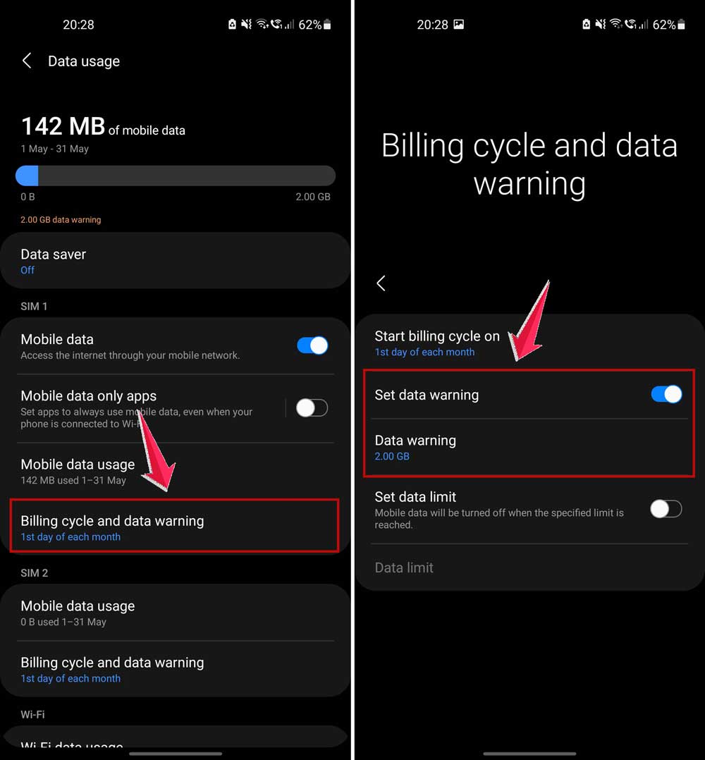 click on billing cycle data warning and then turn on data warning in android