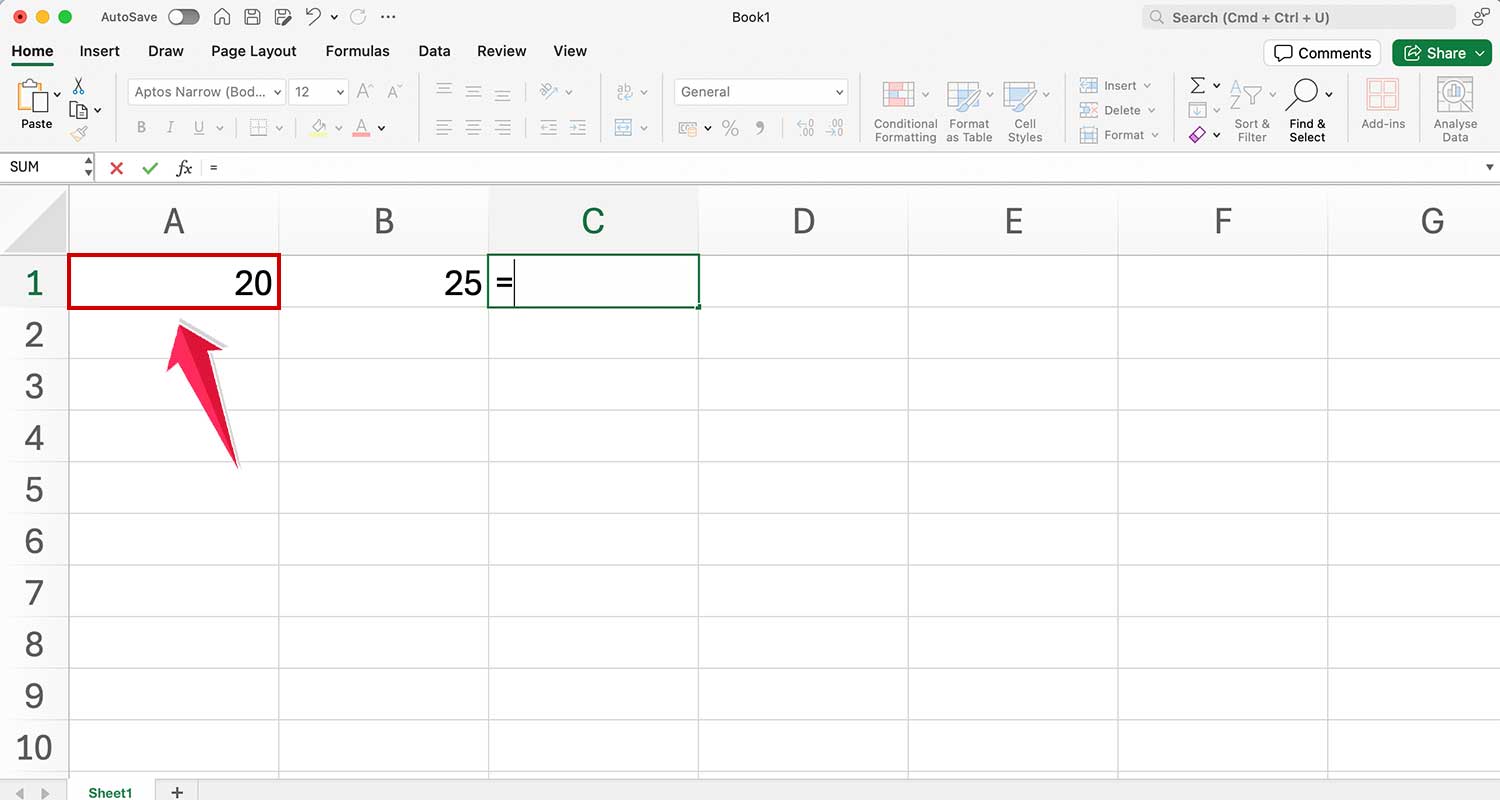 click on cell a1 in ms excel