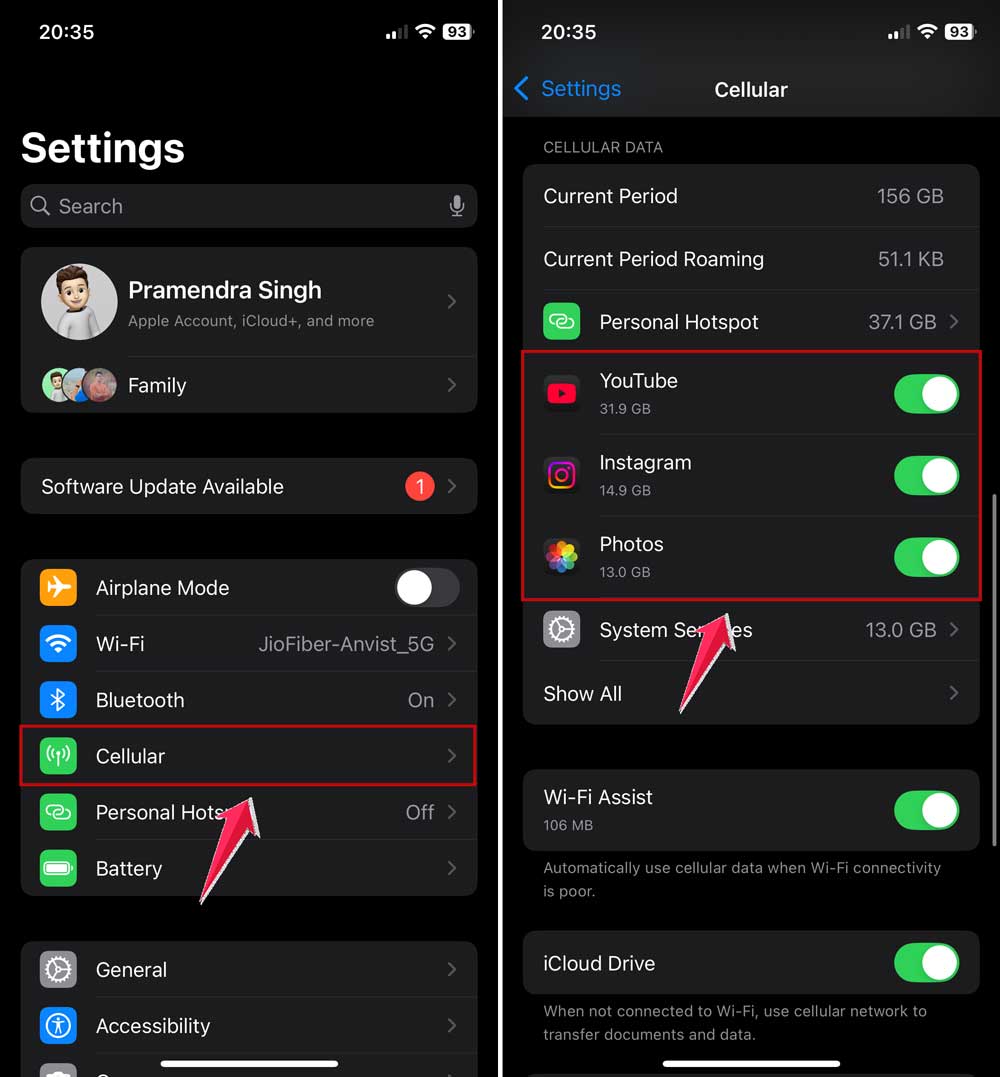 click on cellular and toggle the off to restrict mobile data use in settings in iphone