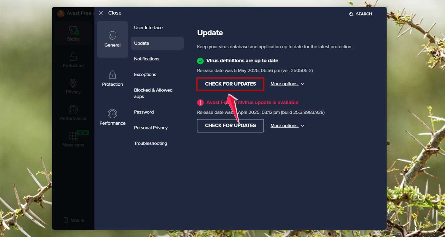 click on check for update in antivirus app in windows