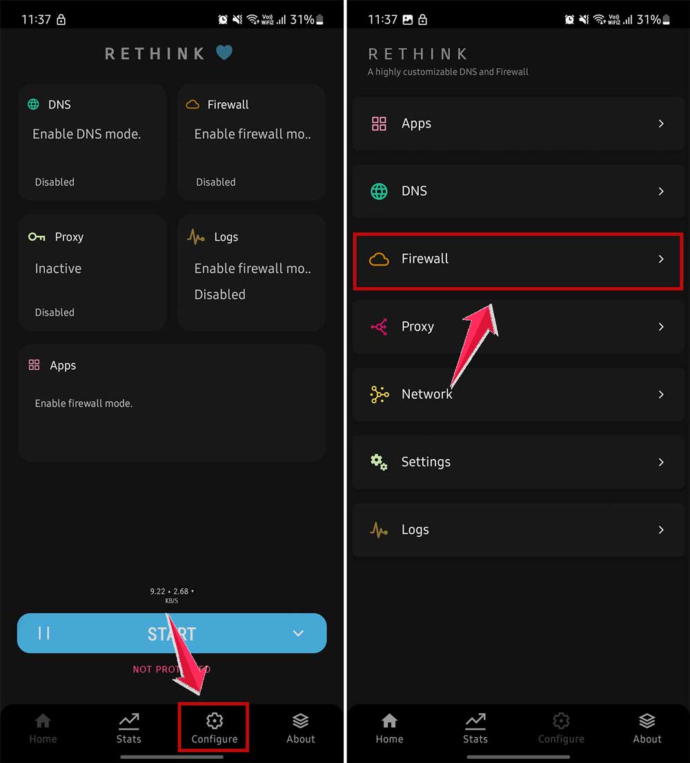 click on configure and then click on firewall in rethink app
