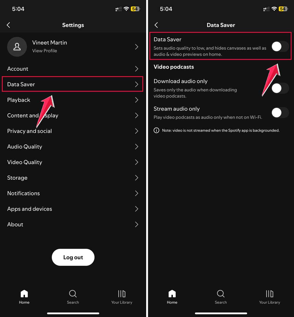 click on data saver then turn off data saver spotify