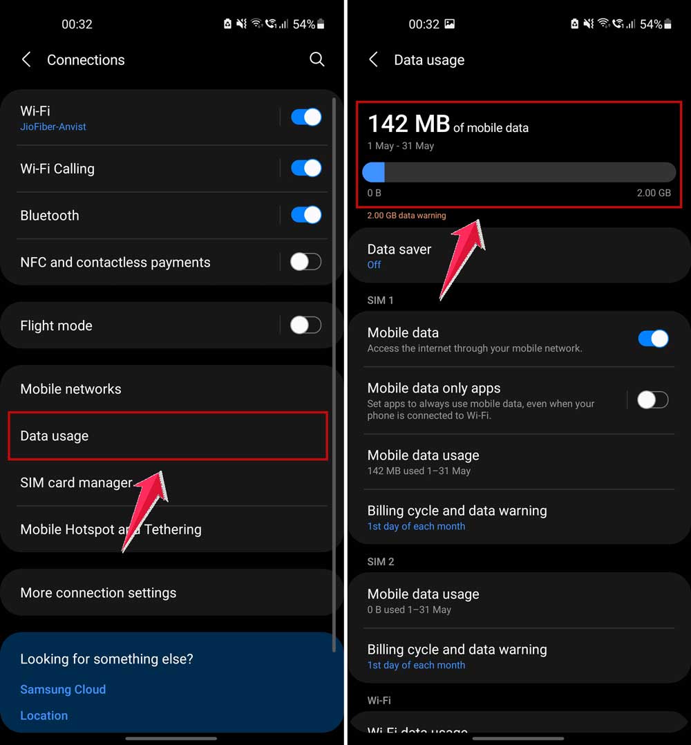 click on data usage and then check the data used in android