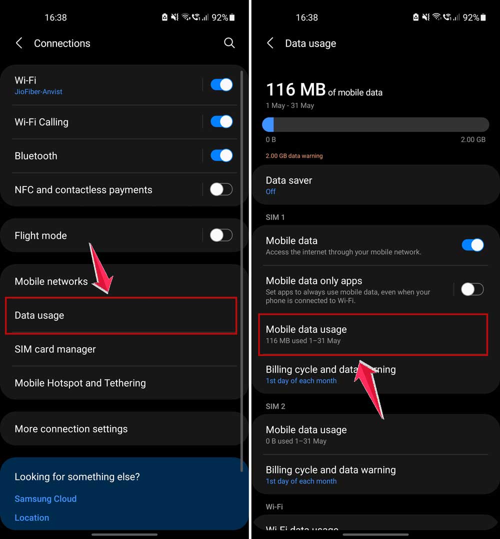 click on data usage and then click on mobile data usage in settings in android