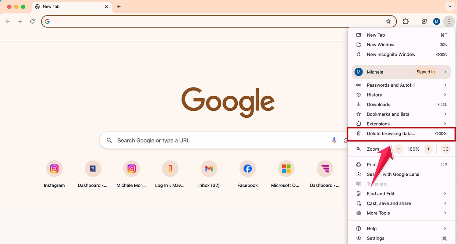 click on delete browsing data in chrome in mac