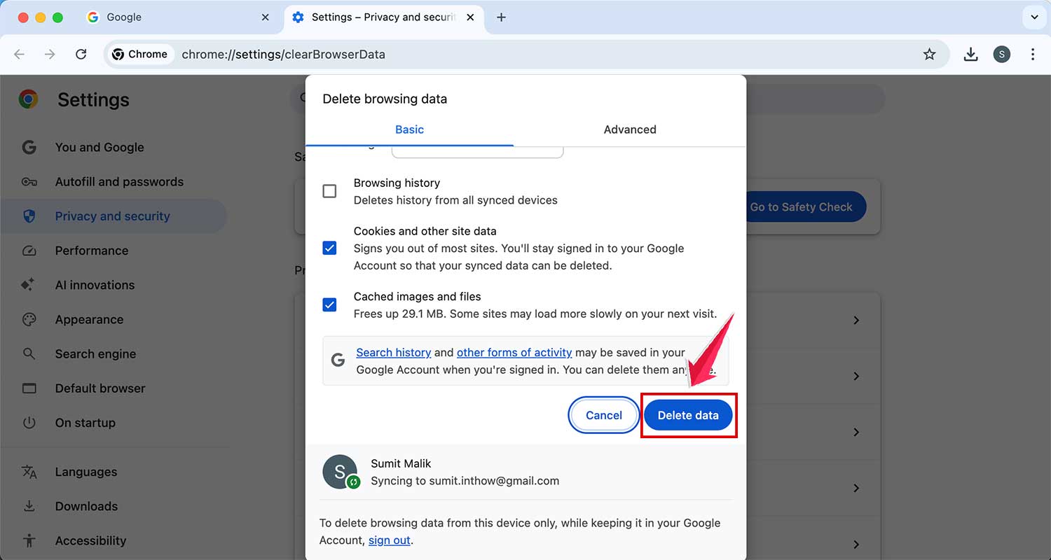 click on delete data in chrome in mac
