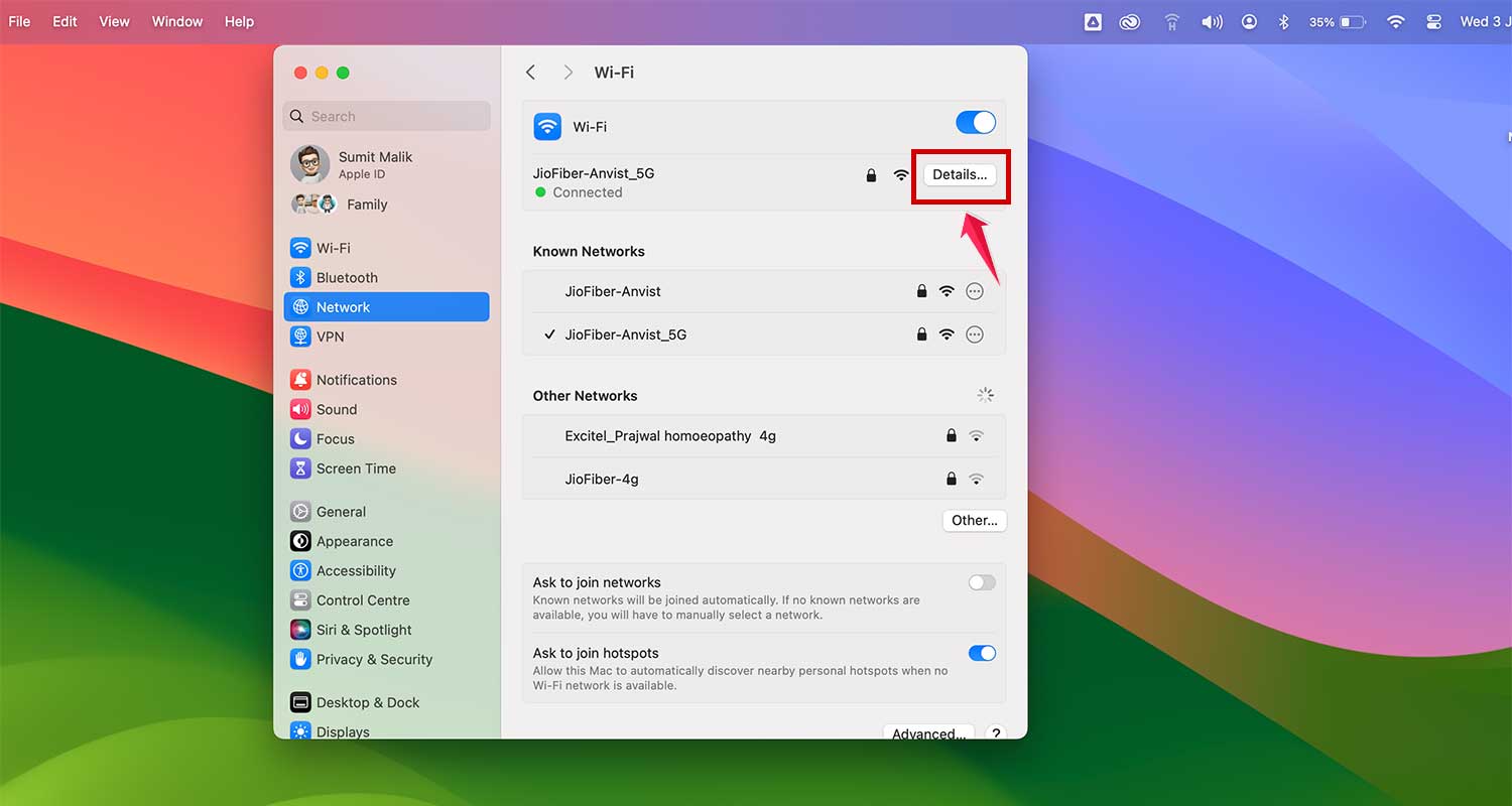 click on details next to wifi mac