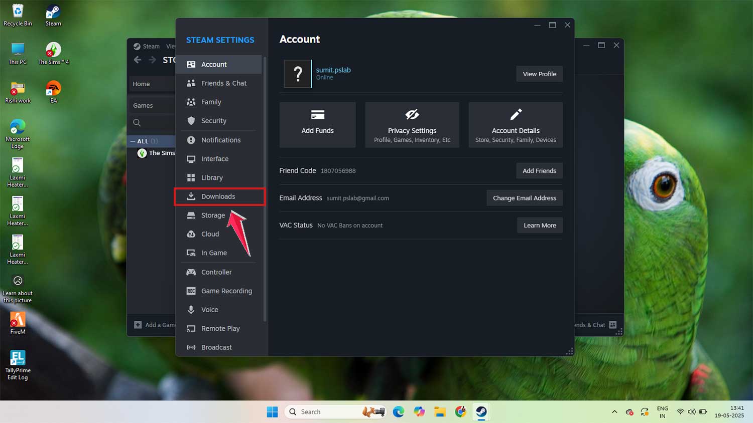 click on download in settings in steam app in windows