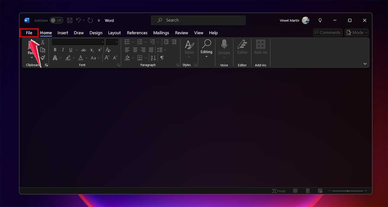 click on file in menu bar in ms word in windows
