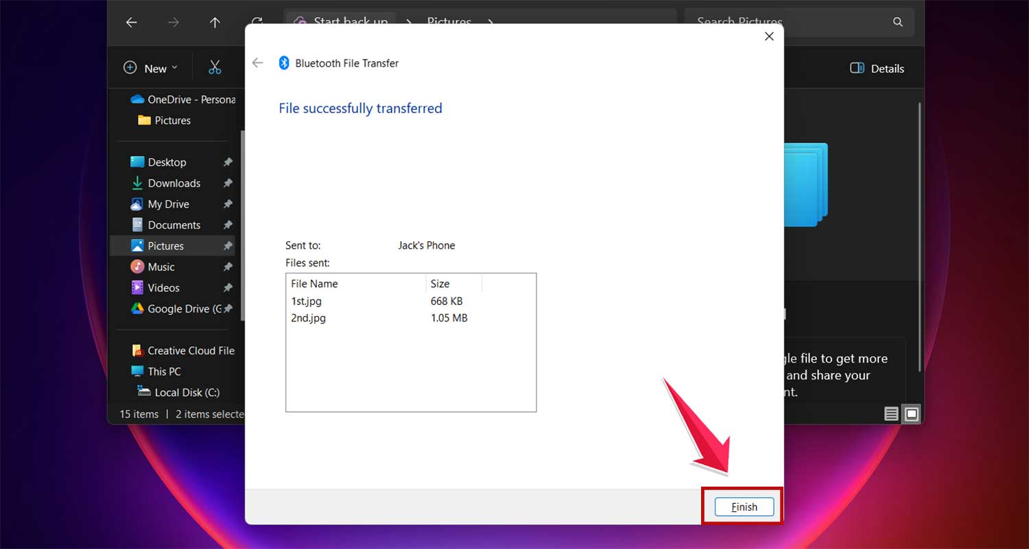 click on finish in bluetooth file transfer window in windows