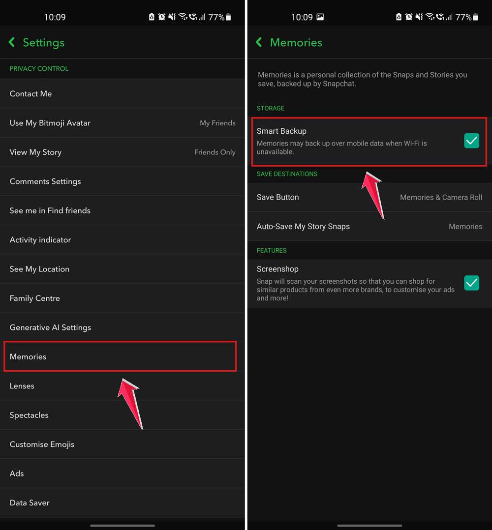 click on memories and then turn on smart backup in snapchat app in android