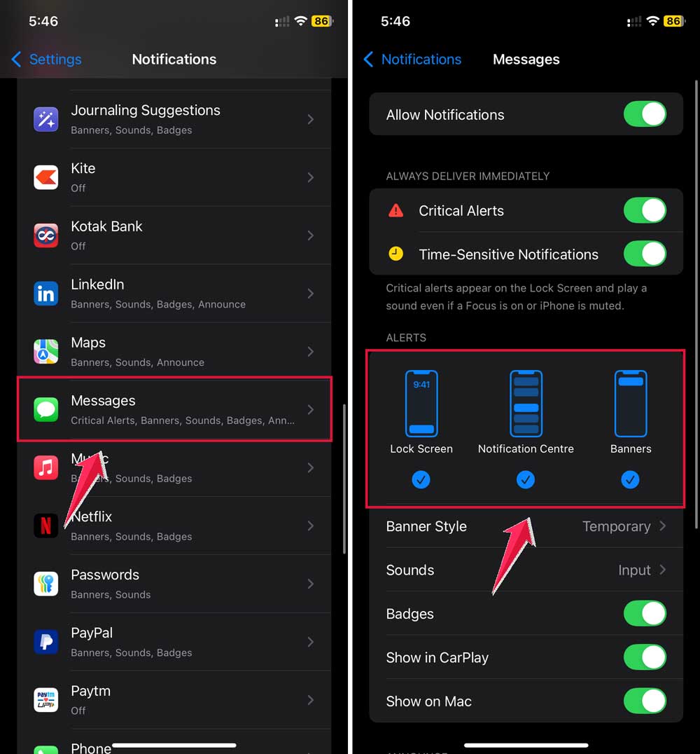 click on messages then change the alerts