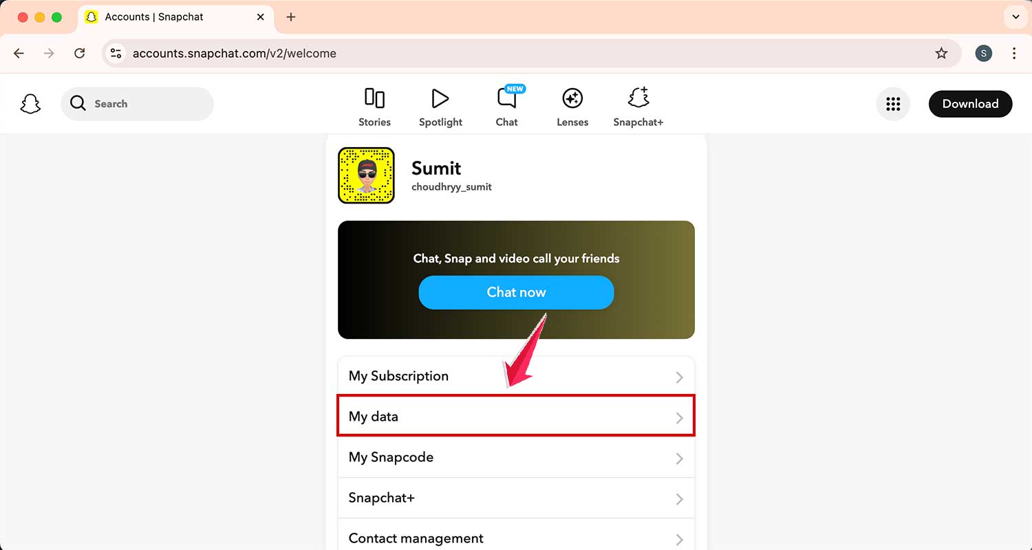 click on my data in snapchat accounts page in browser