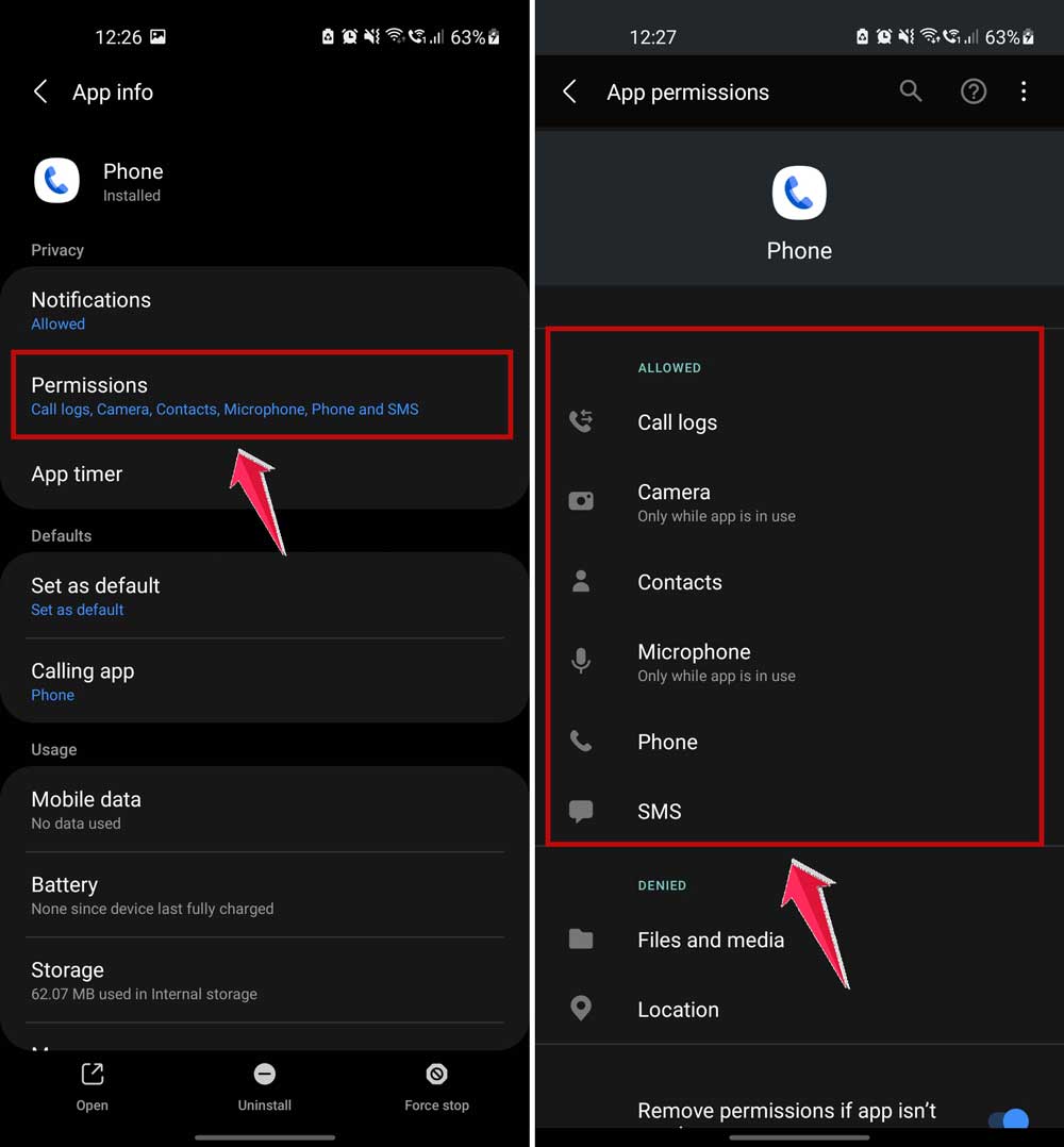 click on permissions and allow all for third party phone app in android
